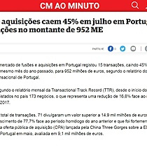 Fuses e aquisies caem 45% em julho em Portugal para 15 transaes no montante de 952 ME